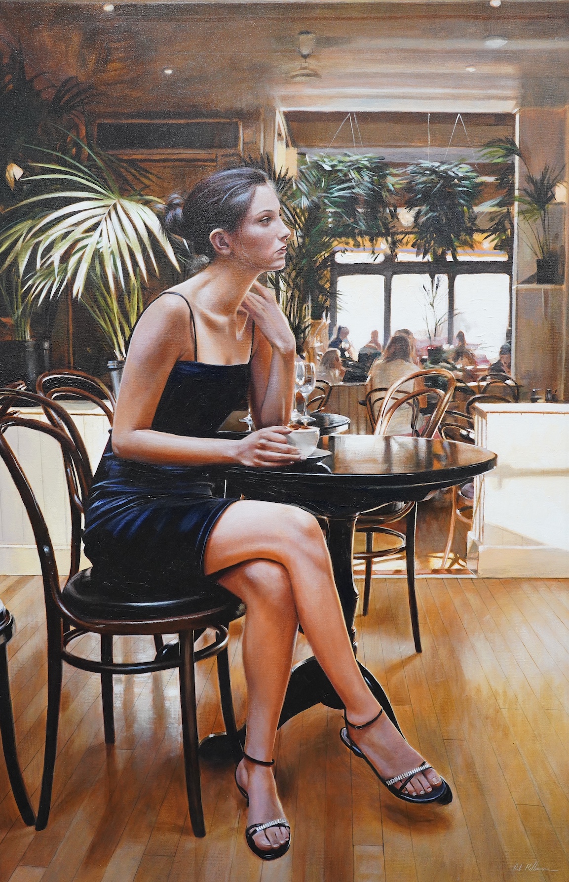 Rob Hefferan (b.1968), oil on canvas, Café scene with seated woman, signed, 110 x 72cm